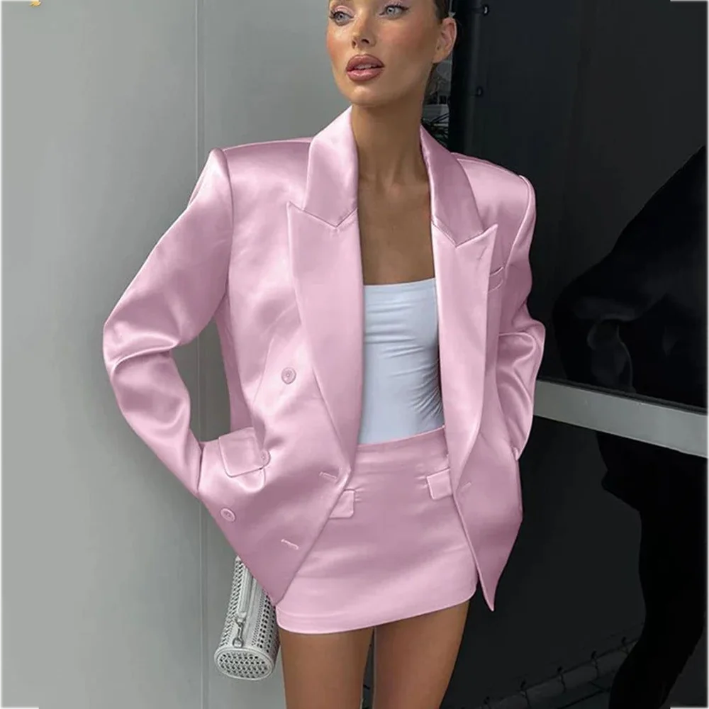 Fashion Pink Satin Women Suit Skirt Classic Peaked Lapel Double Breasted Mini High Street Modern Trend Female Clothes Set
Fashion Pink Satin Women Suit Skirt Classic Peaked Lapel Double Breasted Mini High Street Modern Trend Female Clothes Set