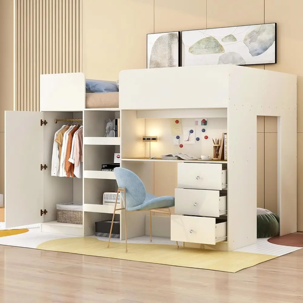 Кровать-чердак Harper & Bright Designs с рабочим столом, деревянная кровать-чердак со встроенным шкафом, полками для хранения и тумбами, бежевая
Кровать-чердак Harper & Bright Designs с рабочим столом, деревянная кровать-чердак со встроенным шкафом, полками для хранения и тумбами, бежевая