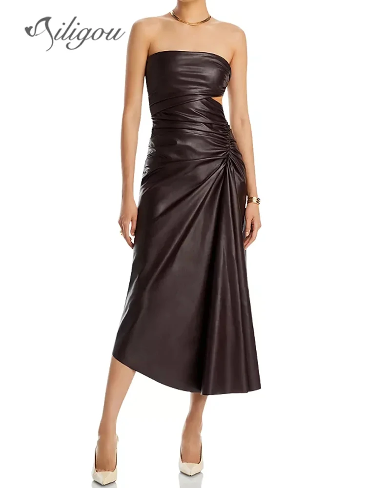 Ailigou 2023 New Women's Solid Color Sexy Slim Fit Pleated Hollow PU Leather Strapless Open Back Long Dress Elegant Party Dress
Ailigou 2023 New Women's Solid Color Sexy Slim Fit Pleated Hollow PU Leather Strapless Open Back Long Dress Elegant Party Dress
