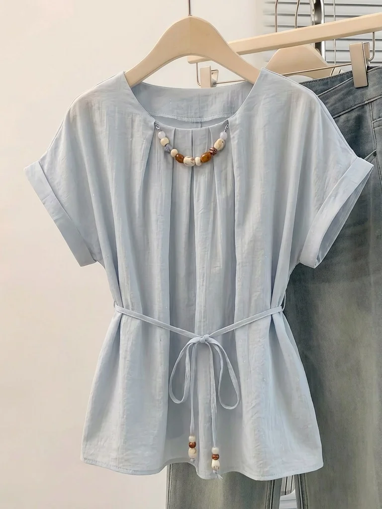 Light Blue Beaded Short Sleeve Shirt Women's Mid-Length Slimming Top Korean Style Commute Fashion plus Size Summer New Arrival
Light Blue Beaded Short Sleeve Shirt Women's Mid-Length Slimming Top Korean Style Commute Fashion plus Size Summer New Arrival