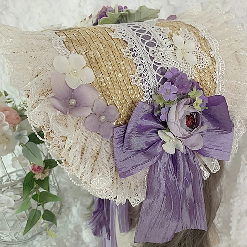 Lolita Handmade gothic Purple flower lace bow Bonnet cap lolita tea party Headwear fashion Female Straw hat
Lolita Handmade gothic Purple flower lace bow Bonnet cap lolita tea party Headwear fashion Female Straw hat