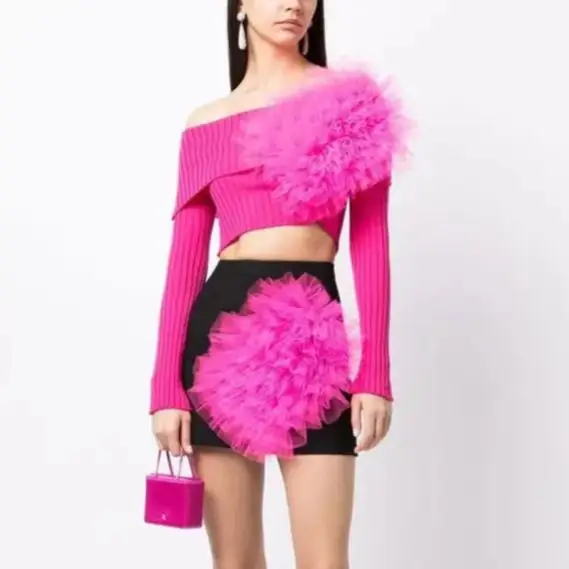 Black Mini Skirt with Hot Pink Tulle Ruffle Patch Asymmetrical Design Elastic Waist Party Clubwear for Women Above Knee Gowns
Black Mini Skirt with Hot Pink Tulle Ruffle Patch Asymmetrical Design Elastic Waist Party Clubwear for Women Above Knee Gowns