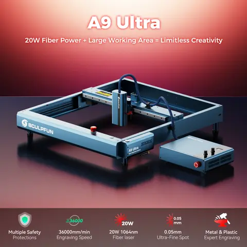Máquina de grabado láser SCULFUN A9, láser de fibra infrarroja de 20W y área de trabajo fácil de instalar, 400x400mm para todos los metales
