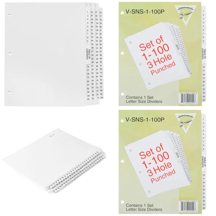 ® Numbered Dividers 1-100 Punched - AVE Style Bold Tabs - Side Collated Exhibit Tabs - Made in The USA Letter Size - 1-100 - Se
® Numbered Dividers 1-100 Punched - AVE Style Bold Tabs - Side Collated Exhibit Tabs - Made in The USA Letter Size - 1-100 - Se