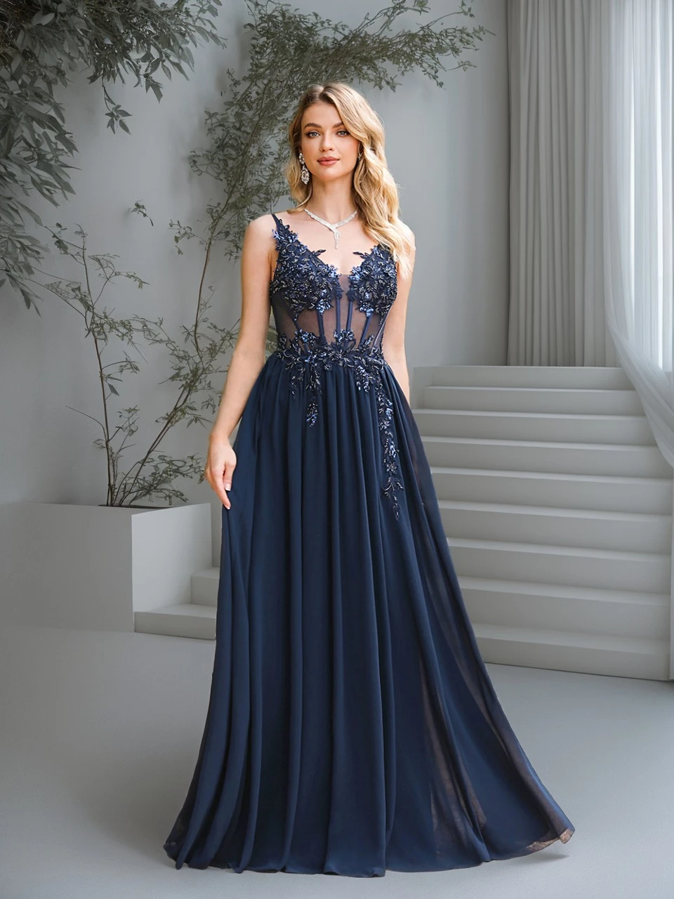 BABYONLINE Sexy Evening Dresses Beaded Lace Appliques V-Neck Integrated Bodice Backless Prom Gowns Chiffon A-Line Party Dress
BABYONLINE Sexy Evening Dresses Beaded Lace Appliques V-Neck Integrated Bodice Backless Prom Gowns Chiffon A-Line Party Dress