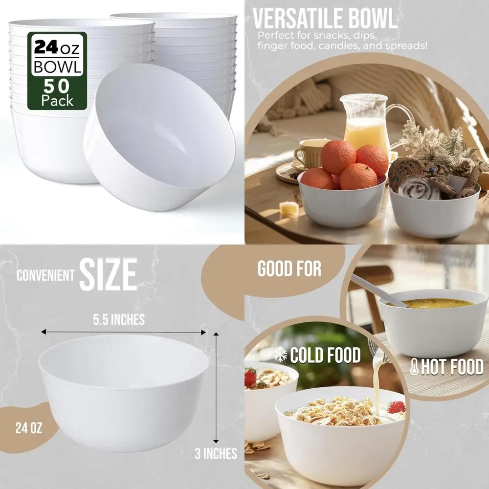 Set of 50, 24 Oz White Plastic Serving Bowls for Ice Cream, Salad, Candy - Disposable Fancy Bowls Ideal for Parties and Events
Set of 50, 24 Oz White Plastic Serving Bowls for Ice Cream, Salad, Candy - Disposable Fancy Bowls Ideal for Parties and Events