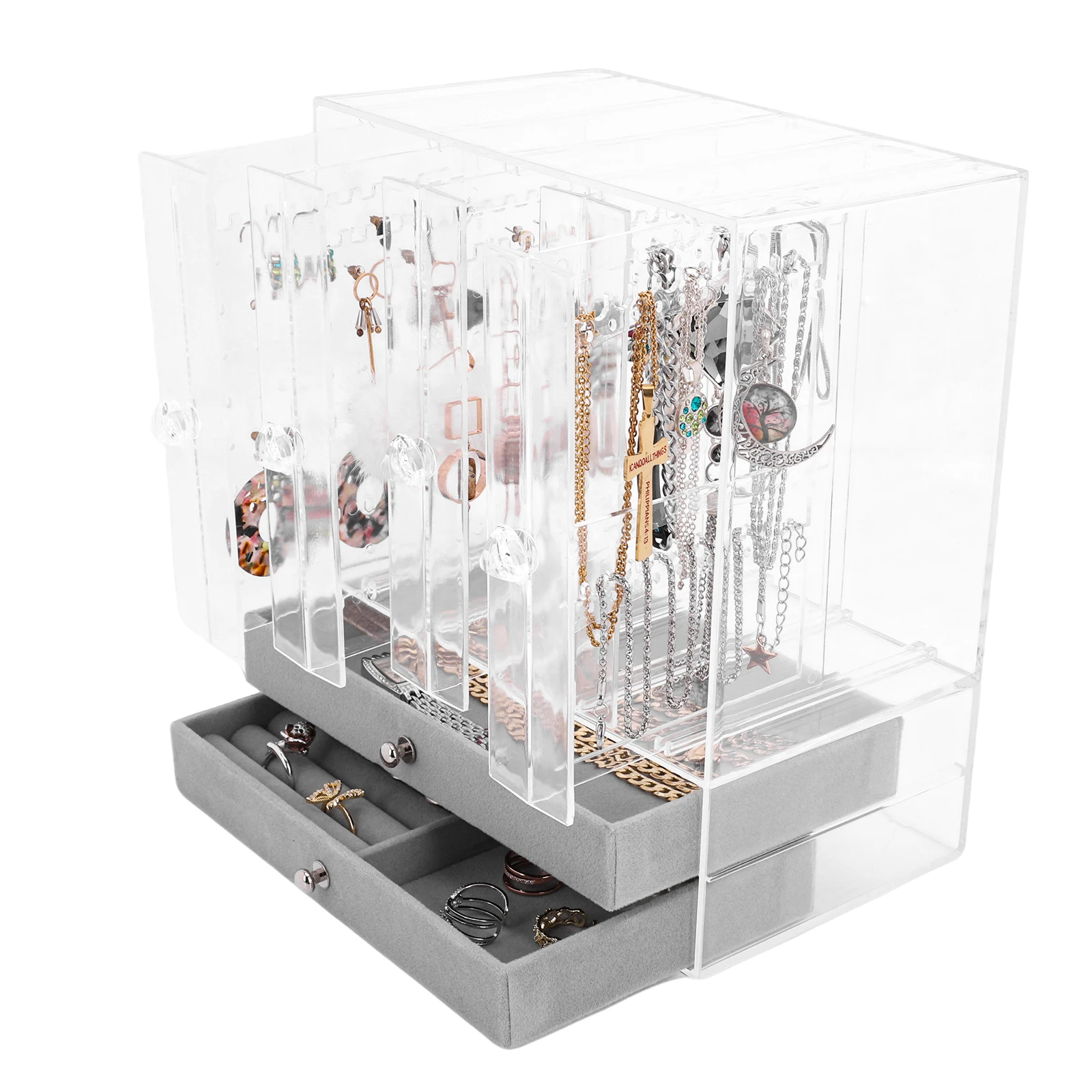 Jewelry Hanger Storage Box with Slide-Out Drawers Earring Holder Organizer Stand for Hair Ties Bangles Bracelet Rings Watch
Jewelry Hanger Storage Box with Slide-Out Drawers Earring Holder Organizer Stand for Hair Ties Bangles Bracelet Rings Watch
