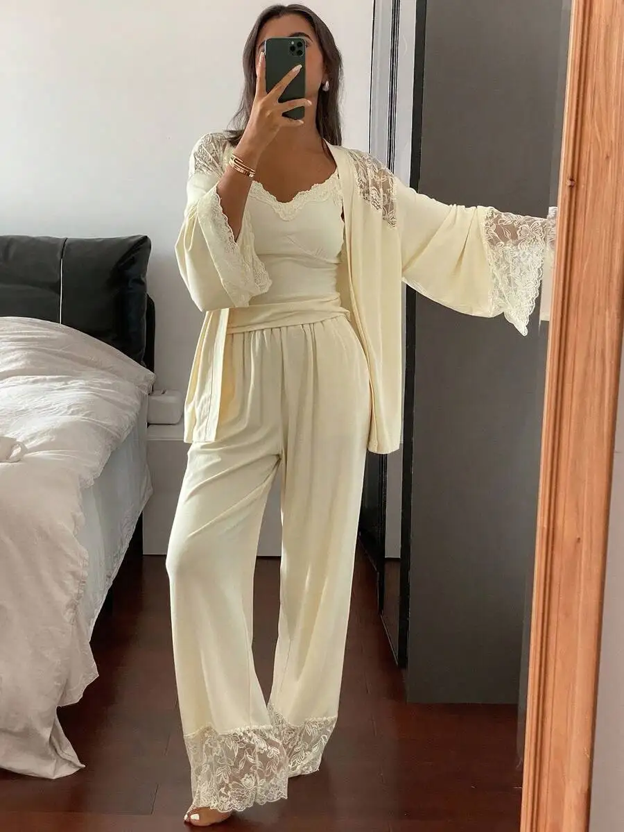 3-Piece Lace Trim Robe Set with Camisole Top and Wide-Leg Pants
3-Piece Lace Trim Robe Set with Camisole Top and Wide-Leg Pants