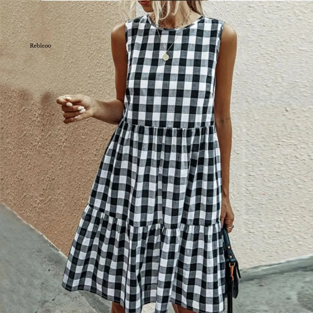 Dress For Women Summer Casual Loose Plaid Print Ruffled Midi Dresses Sleeveless Vintage Elegant Ladies Dress Robe Femme 2021
Dress For Women Summer Casual Loose Plaid Print Ruffled Midi Dresses Sleeveless Vintage Elegant Ladies Dress Robe Femme 2021