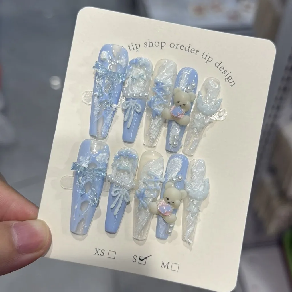 10 Pieces French Tip Lace Handmade Press On Nails 3D Sweet Cute Bear Gypsum Bow Pearl Fake Nails Pink Blue Lolita Long Nail Art
10 Pieces French Tip Lace Handmade Press On Nails 3D Sweet Cute Bear Gypsum Bow Pearl Fake Nails Pink Blue Lolita Long Nail Art