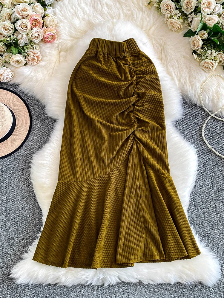 Women Midi Skirt High-end Feeling Corduroy Pleated High Waist Slim Fish Tail Mermaid Mid Length Skirt A-line Faldas Female SK068
Women Midi Skirt High-end Feeling Corduroy Pleated High Waist Slim Fish Tail Mermaid Mid Length Skirt A-line Faldas Female SK068