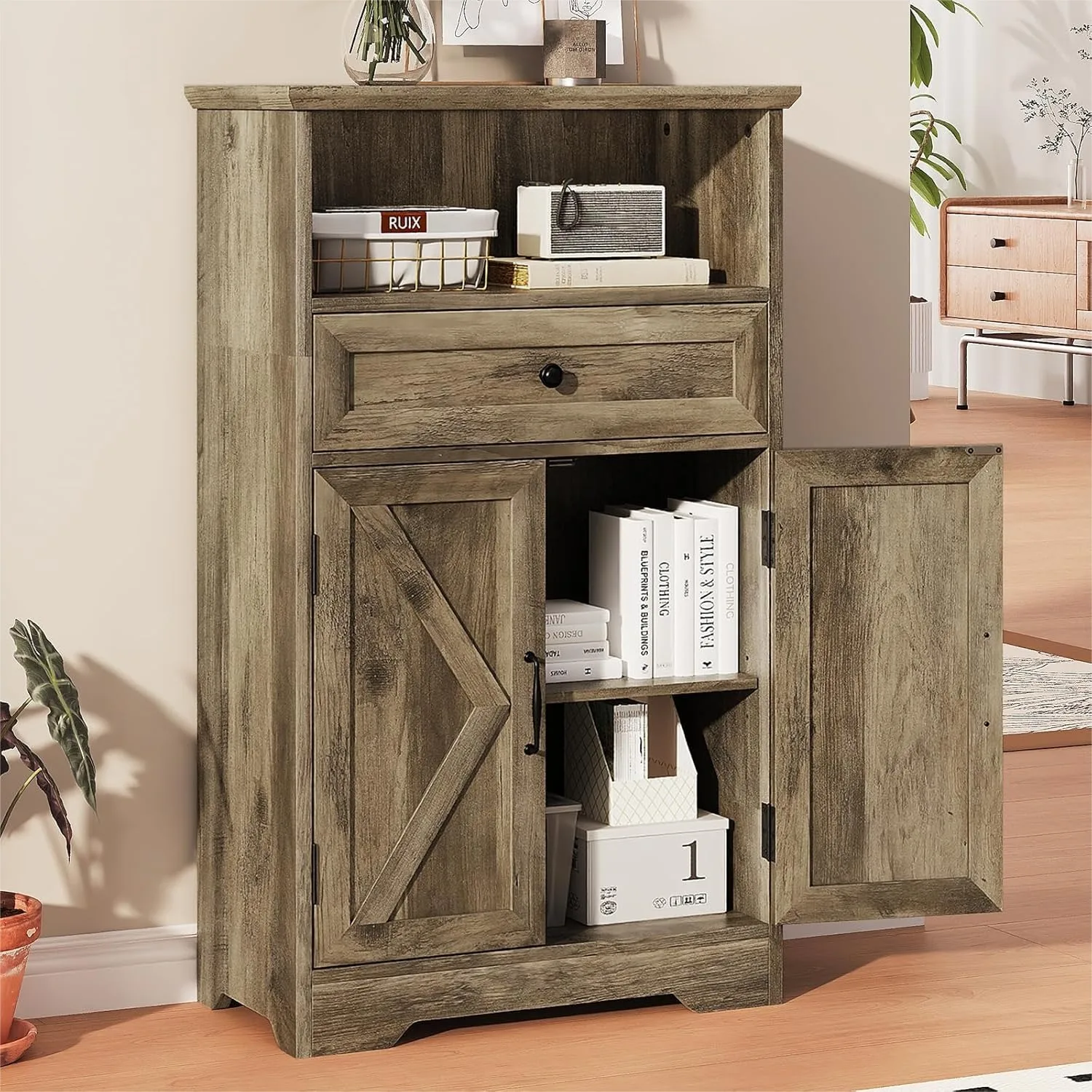 Floor Cabinet, Farmhouse Storage Cabinet with Barn Doors and Drawer, Freestanding Adjustable Shelf Organizer for Bathroom
Floor Cabinet, Farmhouse Storage Cabinet with Barn Doors and Drawer, Freestanding Adjustable Shelf Organizer for Bathroom
