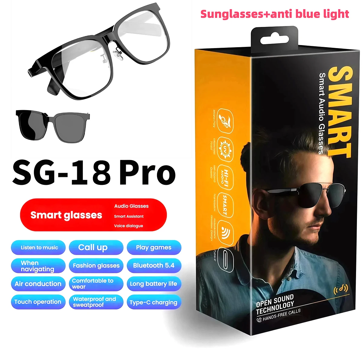 SG18 Новые умные очки со съемными солнцезащитными очками с магнитными линзами + защита от синего света, сенсорное управление, аккумулятор 80 + 80 мАч, защита от ультрафиолета
SG18 Новые умные очки со съемными солнцезащитными очками с магнитными линзами + защита от синего света, сенсорное управление, аккумулятор 80 + 80 мАч, защита от ультрафиолета
