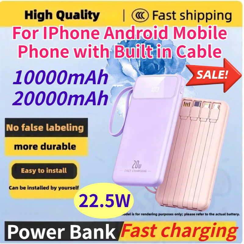 22.5W 20000/10000mAh Power Bank with Built in Cable for IPhone Android Mobile Phone High Capacity Fast Charging Powerbank
22.5W 20000/10000mAh Power Bank with Built in Cable for IPhone Android Mobile Phone High Capacity Fast Charging Powerbank