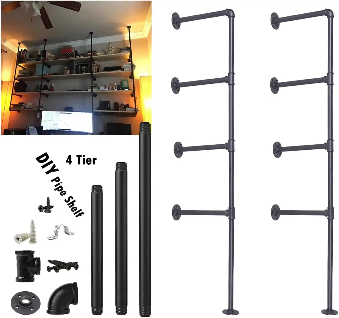 Industrial Wall Mount Iron Pipe Shelf, Vintage Retro DIY Open Storage for Office Kitchen (2PcsX4Tier, 56" Tall, 12" Deep)
Industrial Wall Mount Iron Pipe Shelf, Vintage Retro DIY Open Storage for Office Kitchen (2PcsX4Tier, 56" Tall, 12" Deep)