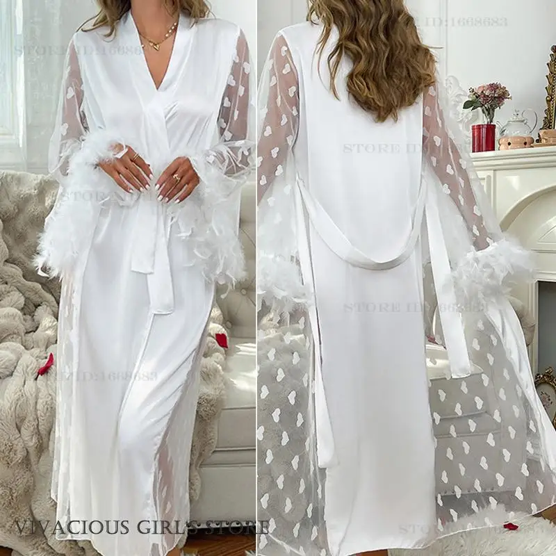 White Silk Satin Bride Wedding Long Robe Dress with Feathers Sexy Hollow Out Lace Nightgown Bathrobe Kimono Gown Loose Sleepwear
White Silk Satin Bride Wedding Long Robe Dress with Feathers Sexy Hollow Out Lace Nightgown Bathrobe Kimono Gown Loose Sleepwear