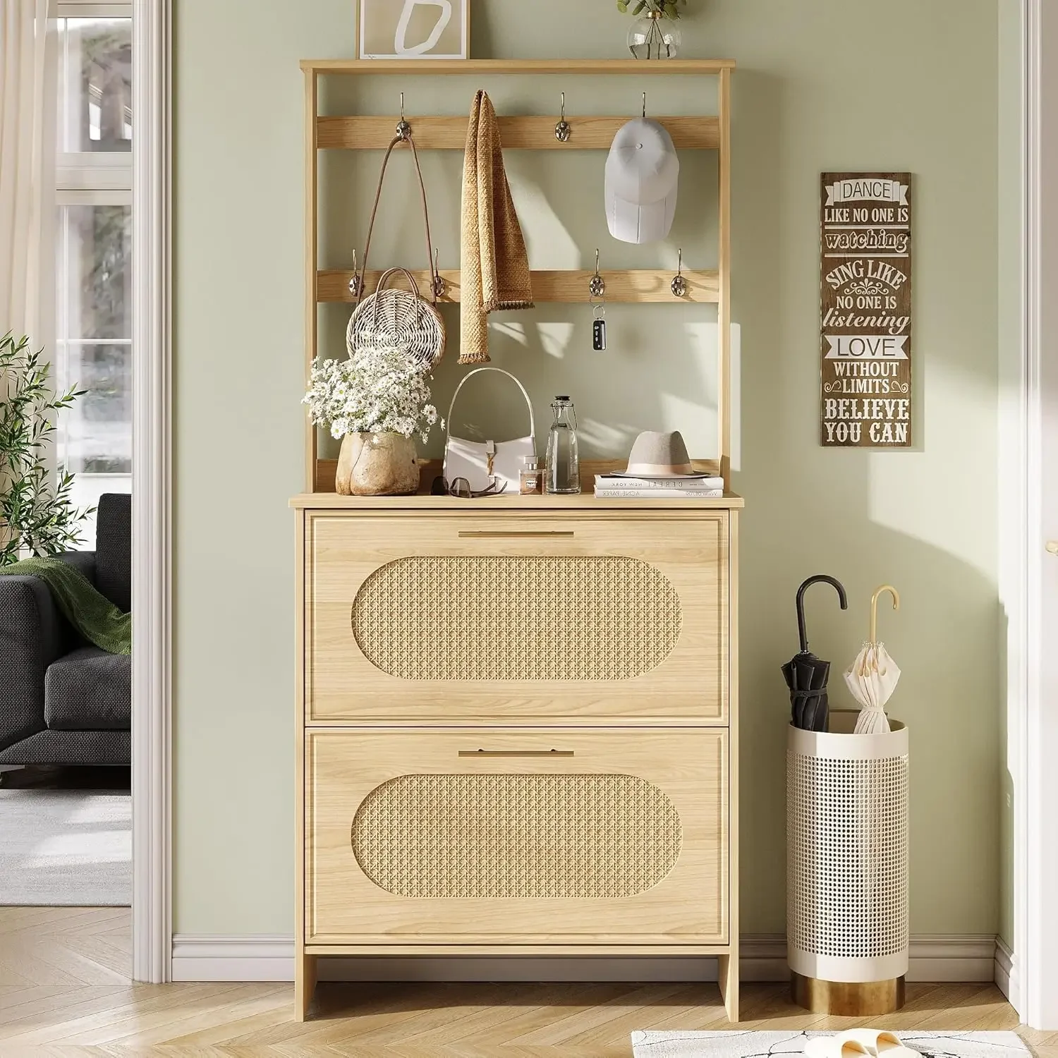 High Shoe Cabinet with Hangers and Wicker Doors, Narrow Hidden Shoe Cabinet, Ultra-thin Free Shoe Rack Accordion
High Shoe Cabinet with Hangers and Wicker Doors, Narrow Hidden Shoe Cabinet, Ultra-thin Free Shoe Rack Accordion