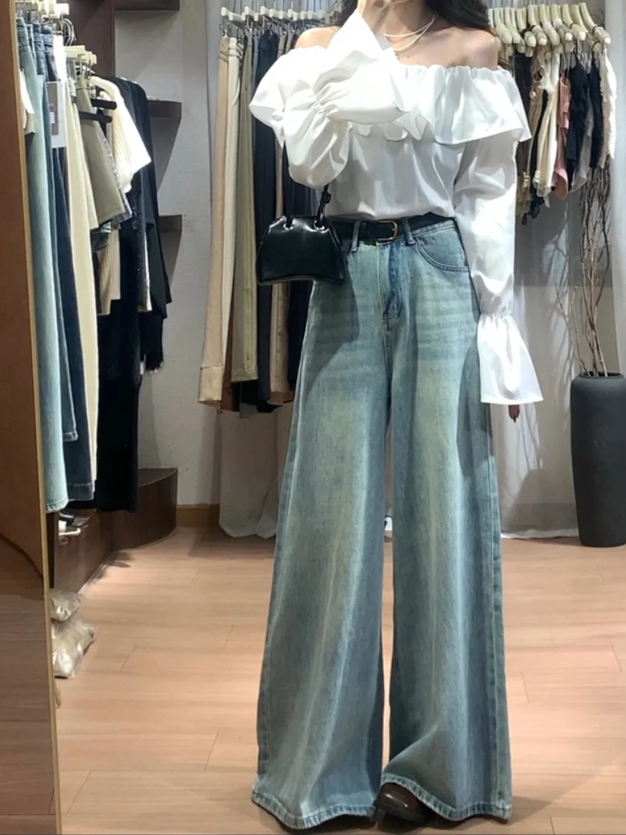 Retro Faded Light Denim Wide Leg Jeans High Waist Straight Cut Floor-Length Pants Women's Spring Summer New Loose Slimming
Retro Faded Light Denim Wide Leg Jeans High Waist Straight Cut Floor-Length Pants Women's Spring Summer New Loose Slimming