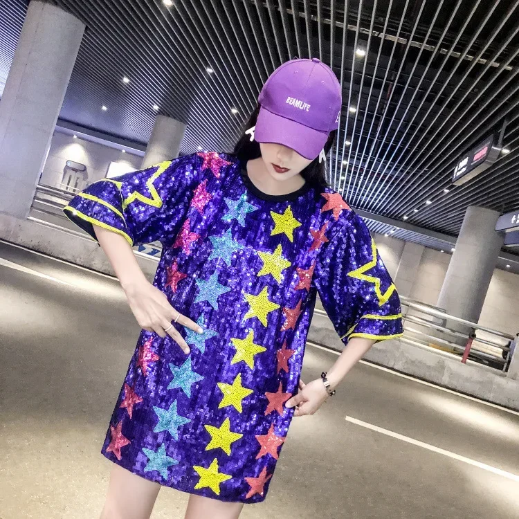 Loose Split Joint Streetwear T-shirt Round Neck Dance Hip Hop Womens Tee Shirts #0206 Black Silver Blue Long Sequined T Shirt
Loose Split Joint Streetwear T-shirt Round Neck Dance Hip Hop Womens Tee Shirts #0206 Black Silver Blue Long Sequined T Shirt