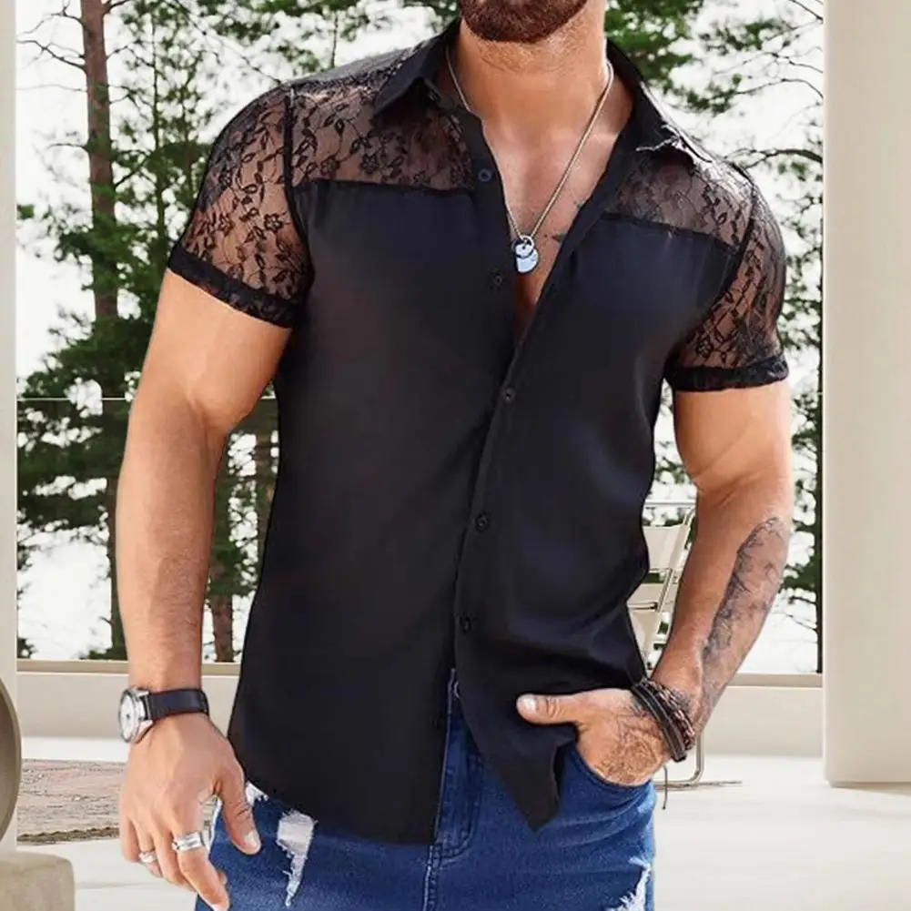 Men Shirt Lapel Short Sleeve Hollow Lace Splicing Shirt Tops Buttons Placket Solid Color Men Top Slim Fit Casual Shirt
Men Shirt Lapel Short Sleeve Hollow Lace Splicing Shirt Tops Buttons Placket Solid Color Men Top Slim Fit Casual Shirt