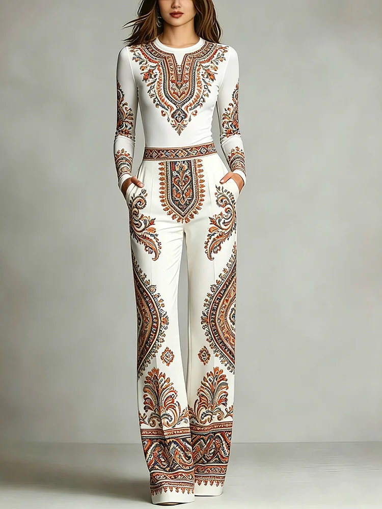 Women's Boho Ethnic Paisley Print 2 Piece Set Long Sleeve Top Wide Leg Pants Elegant Matching Outfit Vacation Party Wear
Women's Boho Ethnic Paisley Print 2 Piece Set Long Sleeve Top Wide Leg Pants Elegant Matching Outfit Vacation Party Wear