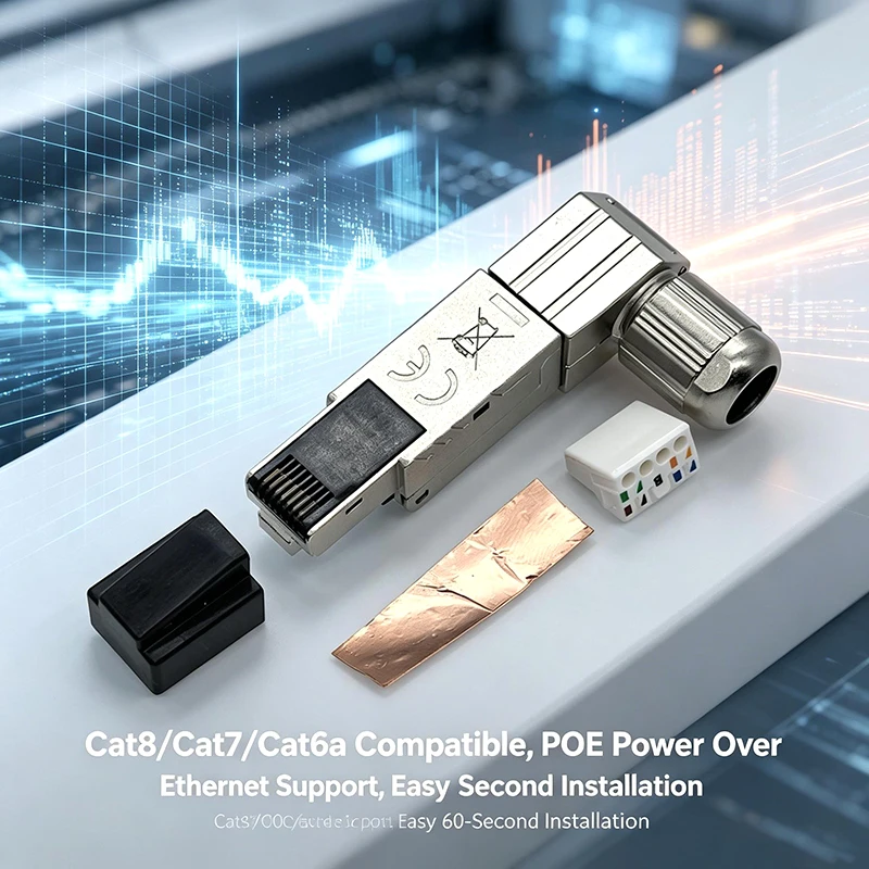 Cat8 Cat7 Cat6a 90° Right Angle RJ45 Connector Shielded Tool Free No Crimp 40Gbps POE Ethernet Cable Adapter Factory Wholesale
Cat8 Cat7 Cat6a 90° Right Angle RJ45 Connector Shielded Tool Free No Crimp 40Gbps POE Ethernet Cable Adapter Factory Wholesale
