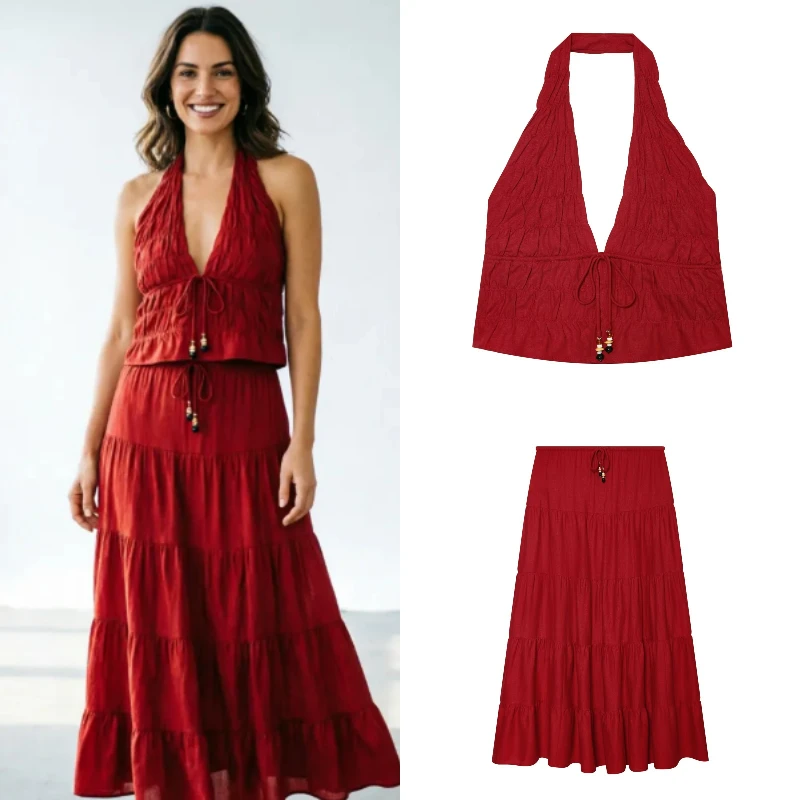 Women's Skirt Set 2026 Summer Elegant Midi Fashion Vacation High Street Pleated Two Piece With Cami Top Drawstring Skirt
Women's Skirt Set 2026 Summer Elegant Midi Fashion Vacation High Street Pleated Two Piece With Cami Top Drawstring Skirt