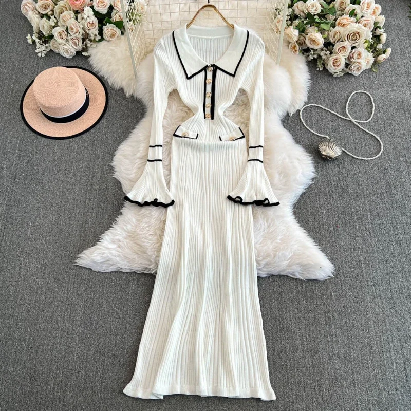Pop New Autumn/Winter High Quality Cotton Women's Sexy Polo Neck Small Fragrant Knitted Dress Fashion Petal Sleeve Wrapped Hip D 
Pop New Autumn/Winter High Quality Cotton Women's Sexy Polo Neck Small Fragrant Knitted Dress Fashion Petal Sleeve Wrapped Hip D