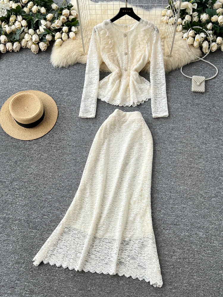 Комплект из кружевного топа и юбки с высокой талией, длинный све, лоскутное платье с завязкой на талии, деревянные уши, модный осенний наряд
Комплект из кружевного топа и юбки с высокой талией, длинный све, лоскутное платье с завязкой на талии, деревянные уши, модный осенний наряд