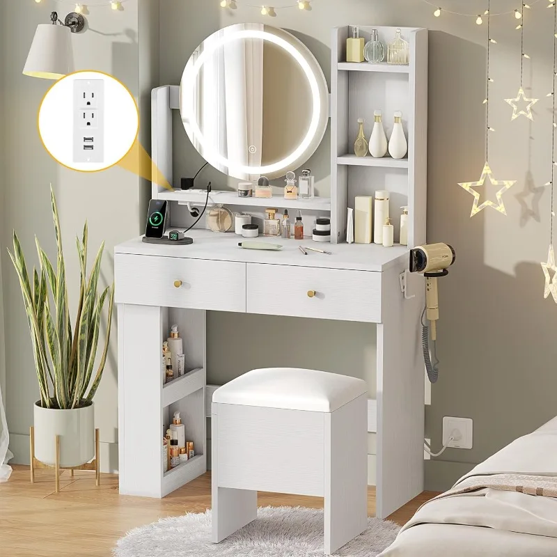 Vanity Desk with Mirror and Lights, Makeup Vanity Table Set with Power Outlets and Chair, 3 Lighting Colors, Makeup Desk wi
Vanity Desk with Mirror and Lights, Makeup Vanity Table Set with Power Outlets and Chair, 3 Lighting Colors, Makeup Desk wi