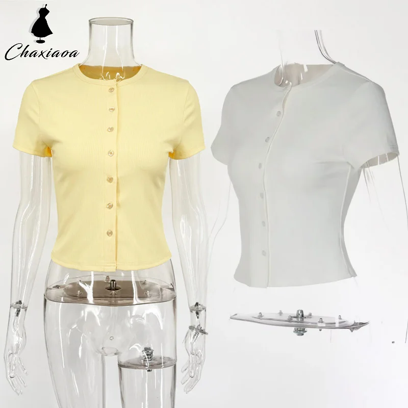 Casual Single-breasted T-shirt Women's Fashion Solid Slim-fit Crew Neck Cardigan T-shirt Summer Office Lady Vacation Female Tops
Casual Single-breasted T-shirt Women's Fashion Solid Slim-fit Crew Neck Cardigan T-shirt Summer Office Lady Vacation Female Tops