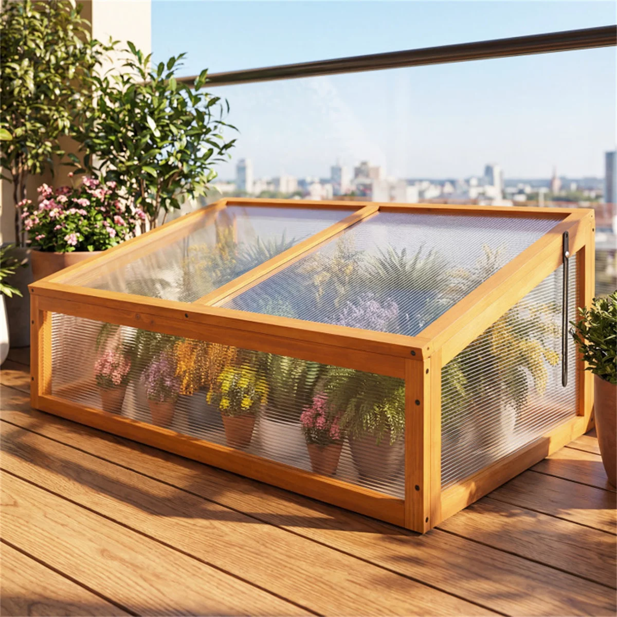 Wooden cold frame greenhouse with adjustable polycarbonate roof, portable mini greenhouse for extending the growing season of fl
Wooden cold frame greenhouse with adjustable polycarbonate roof, portable mini greenhouse for extending the growing season of fl
