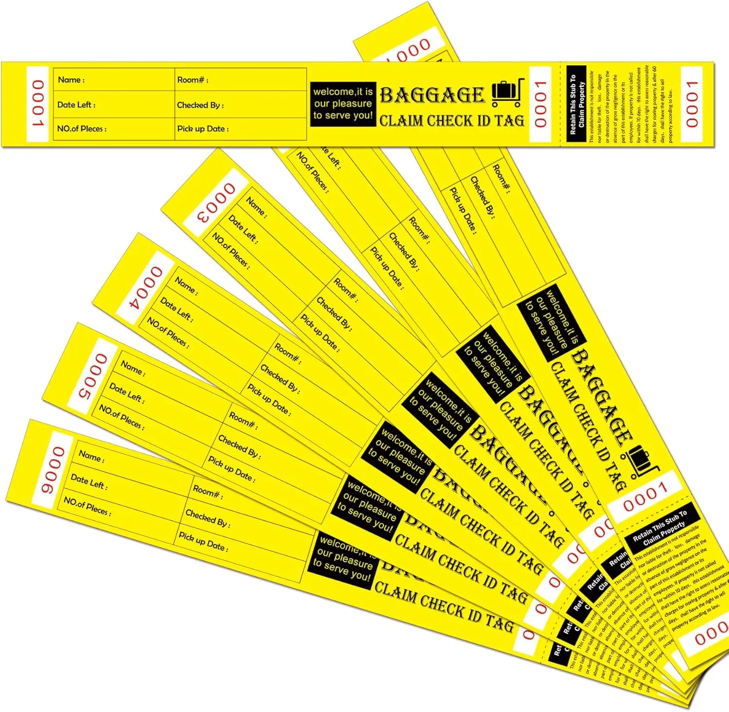 1000 Pcs Numbered Yellow Hotel Bag Identification Tags with Transfer Tape on Back Bag Claim Check Tag Luggage ID Tags Numbering
1000 Pcs Numbered Yellow Hotel Bag Identification Tags with Transfer Tape on Back Bag Claim Check Tag Luggage ID Tags Numbering