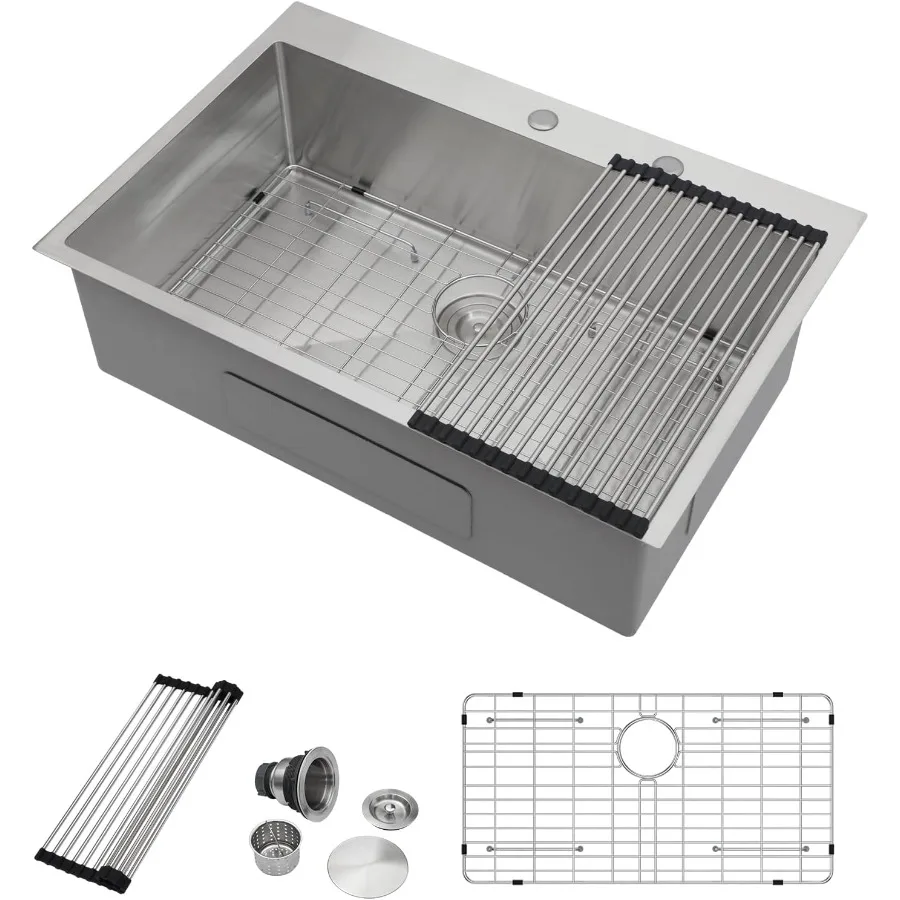 33-дюймовая кухонная раковина с верхним креплением, раковина из нержавеющей стали с одной чашей, 16 калибра для современной установки кухонной столешницы
33-дюймовая кухонная раковина с верхним креплением, раковина из нержавеющей стали с одной чашей, 16 калибра для современной установки кухонной столешницы