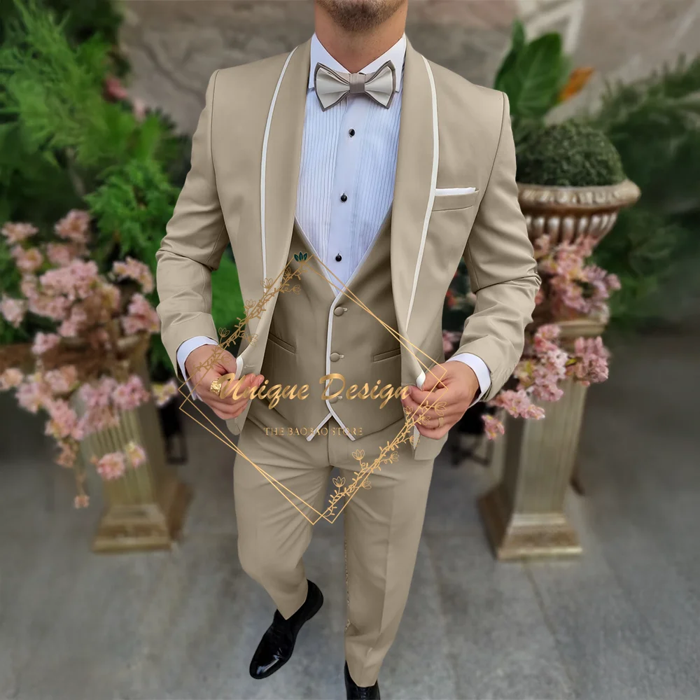 Elegant men's khaki formal suit 3pcs white satin stripe shawl lapel jacket vest pants tailored fit for wedding groom dance party
Elegant men's khaki formal suit 3pcs white satin stripe shawl lapel jacket vest pants tailored fit for wedding groom dance party