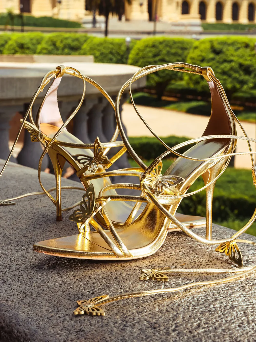 Gold Metallic Lace-Up Heeled Sandals Pointed Open-Toe Butterfly Accents Stiletto Heel Ankle Wrap Ties Elegant Style for Lady
Gold Metallic Lace-Up Heeled Sandals Pointed Open-Toe Butterfly Accents Stiletto Heel Ankle Wrap Ties Elegant Style for Lady