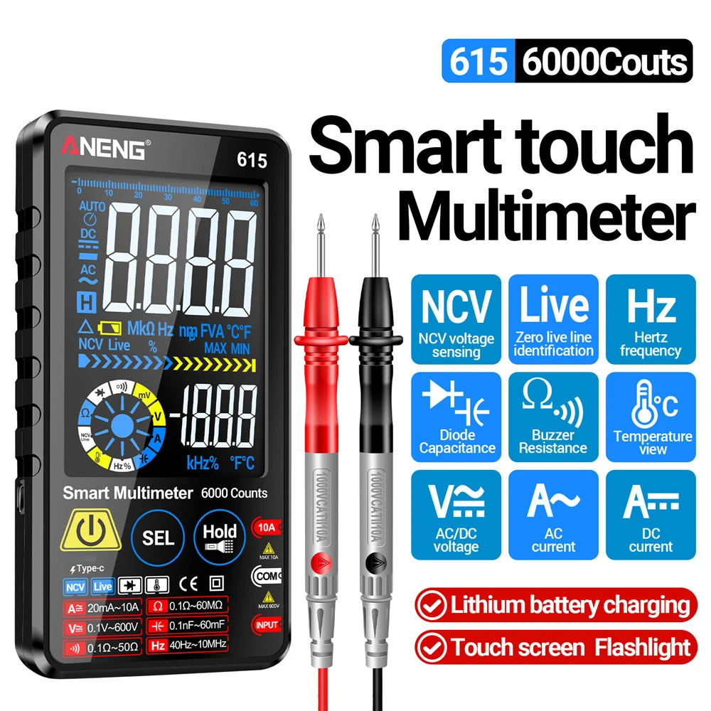 615 Multimeter Smart Touch Multitester 6000 Counts AC/DC Current Voltage Tester NCV Meter Battery Charging Instrument Tool
615 Multimeter Smart Touch Multitester 6000 Counts AC/DC Current Voltage Tester NCV Meter Battery Charging Instrument Tool 