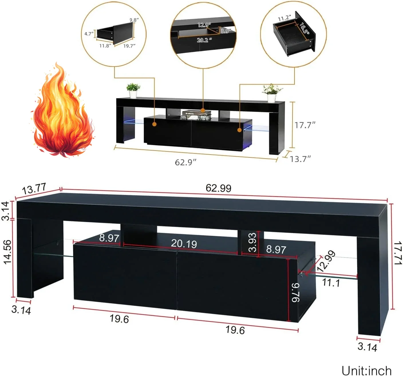 Black TV Stand, 60 65 70 75 inch Wood TV Stand, High Glossy Entertainment Center with Large Drawers&Glass Display Shelf
Black TV Stand, 60 65 70 75 inch Wood TV Stand, High Glossy Entertainment Center with Large Drawers&Glass Display Shelf