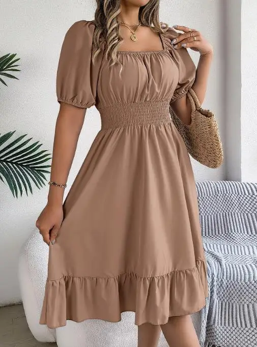 Summer 2025 Casual Square Neck Short Sleeved Waist Cinched Pleated A-Line Skirt Solid Color Waist Cinched Bubble Sleeve Dress
Summer 2025 Casual Square Neck Short Sleeved Waist Cinched Pleated A-Line Skirt Solid Color Waist Cinched Bubble Sleeve Dress