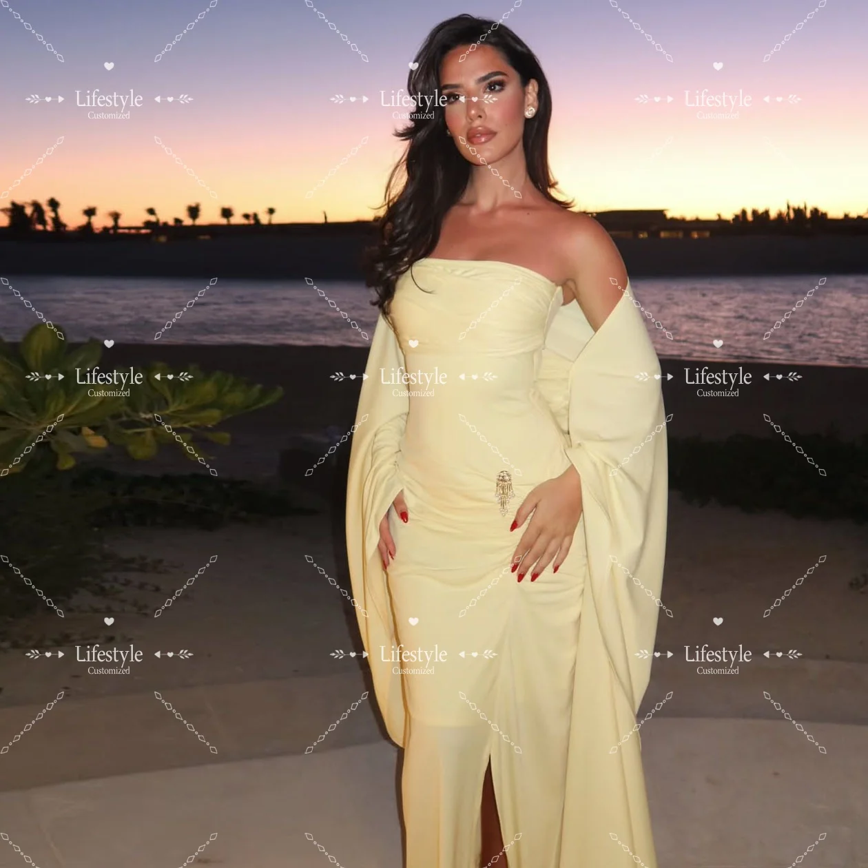 Customized Strapless Pale Yellow Evening Dress Ruched Beads Capelet Slit Prom Gown Elegant Formal Party Dress
Customized Strapless Pale Yellow Evening Dress Ruched Beads Capelet Slit Prom Gown Elegant Formal Party Dress