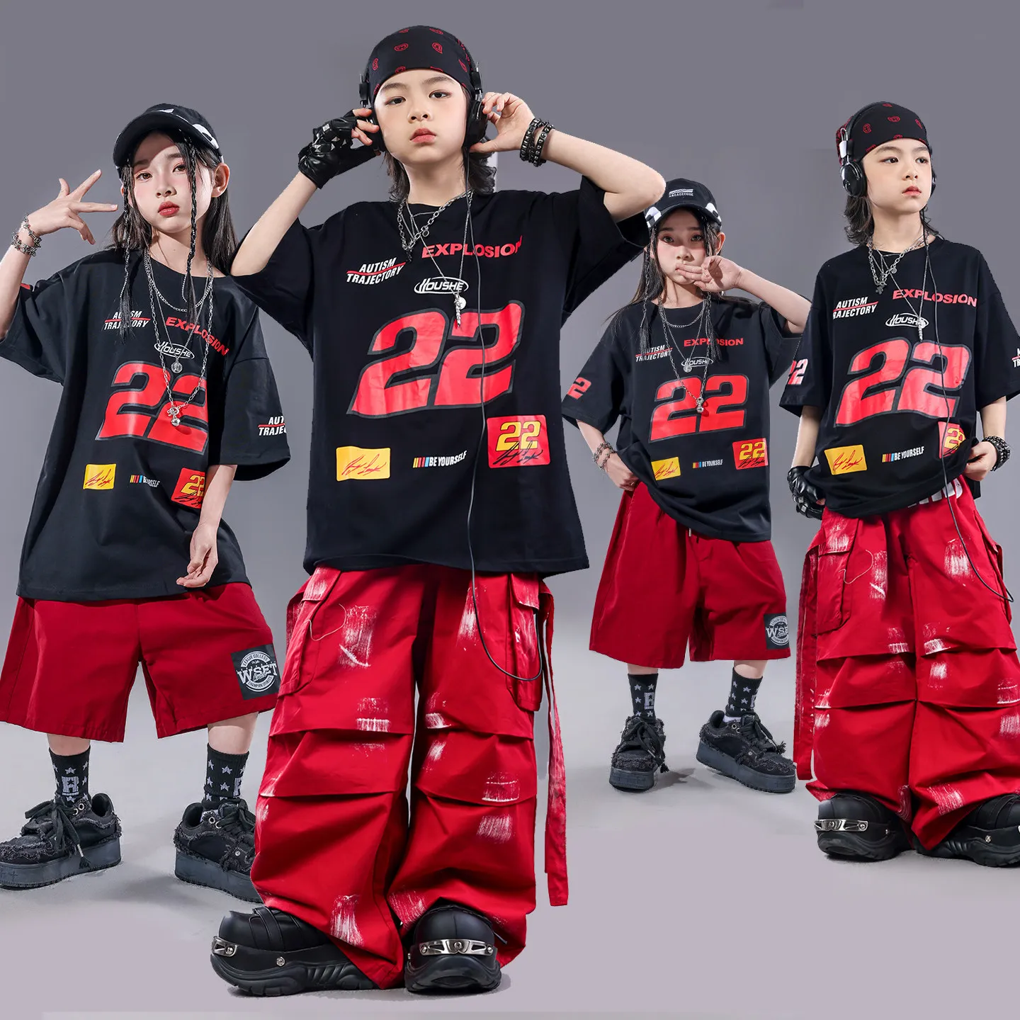 Street Dance Costume Children Hip Hop Performance Clothing Black Short Sleeve Top Red Shorts Girl Boys Jazz Dance Outfit AMY3640
Street Dance Costume Children Hip Hop Performance Clothing Black Short Sleeve Top Red Shorts Girl Boys Jazz Dance Outfit AMY3640