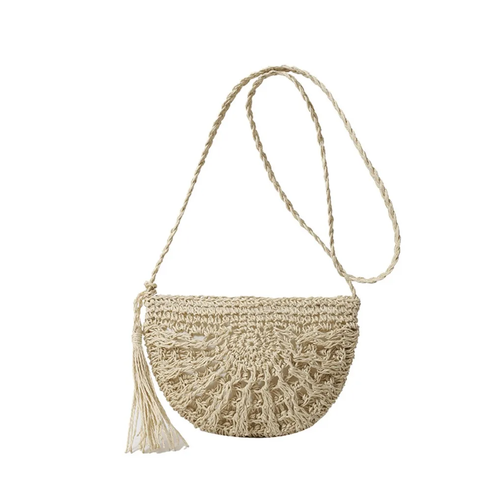 Модная полукруглая сумка из соломенной ткани, тканая сумка ручной работы в стиле бохо, полая женская сумка через плечо с кисточками, пляжная