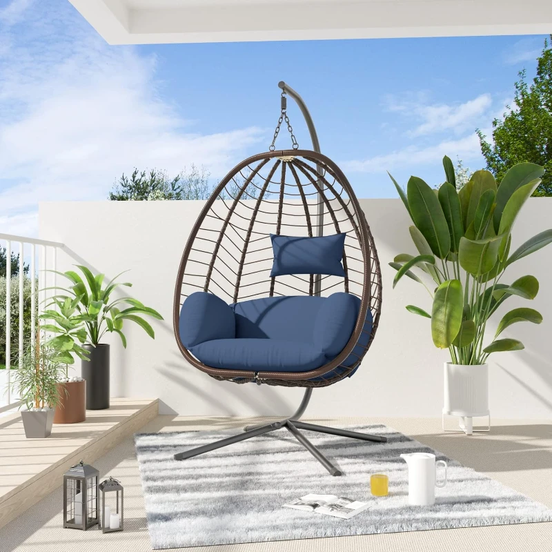Egg Swing Chair Outdoor Indoor Wicker Rattan Hanging Chair with Stand 350lbs Capacity w/Strong Frame & Dark Blue Cushions
Egg Swing Chair Outdoor Indoor Wicker Rattan Hanging Chair with Stand 350lbs Capacity w/Strong Frame & Dark Blue Cushions