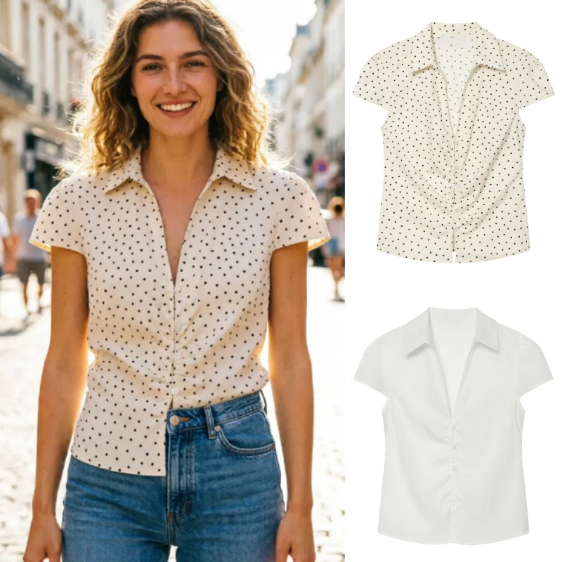 Women's Top 2026 Summer New Elegant Sexy Pleated Lapel Deep V Polka Dot Short Sleeve Waist-Fitting Vacation Chic Women's Shirt
Women's Top 2026 Summer New Elegant Sexy Pleated Lapel Deep V Polka Dot Short Sleeve Waist-Fitting Vacation Chic Women's Shirt