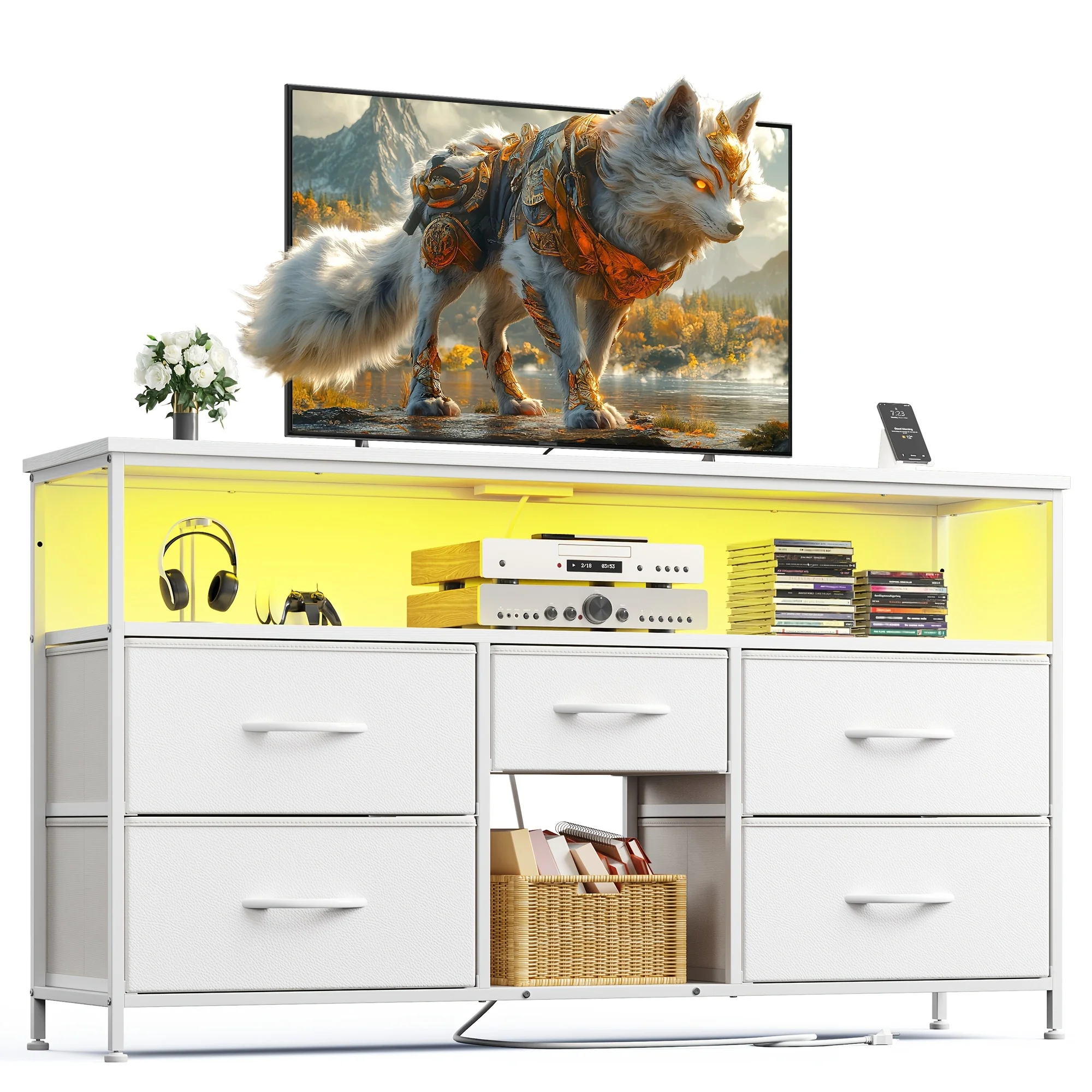TV Stand Dresser, Closet Organization Systems, Media Console Table with 5 Drawers, Power Outlets and LED Lights
TV Stand Dresser, Closet Organization Systems, Media Console Table with 5 Drawers, Power Outlets and LED Lights