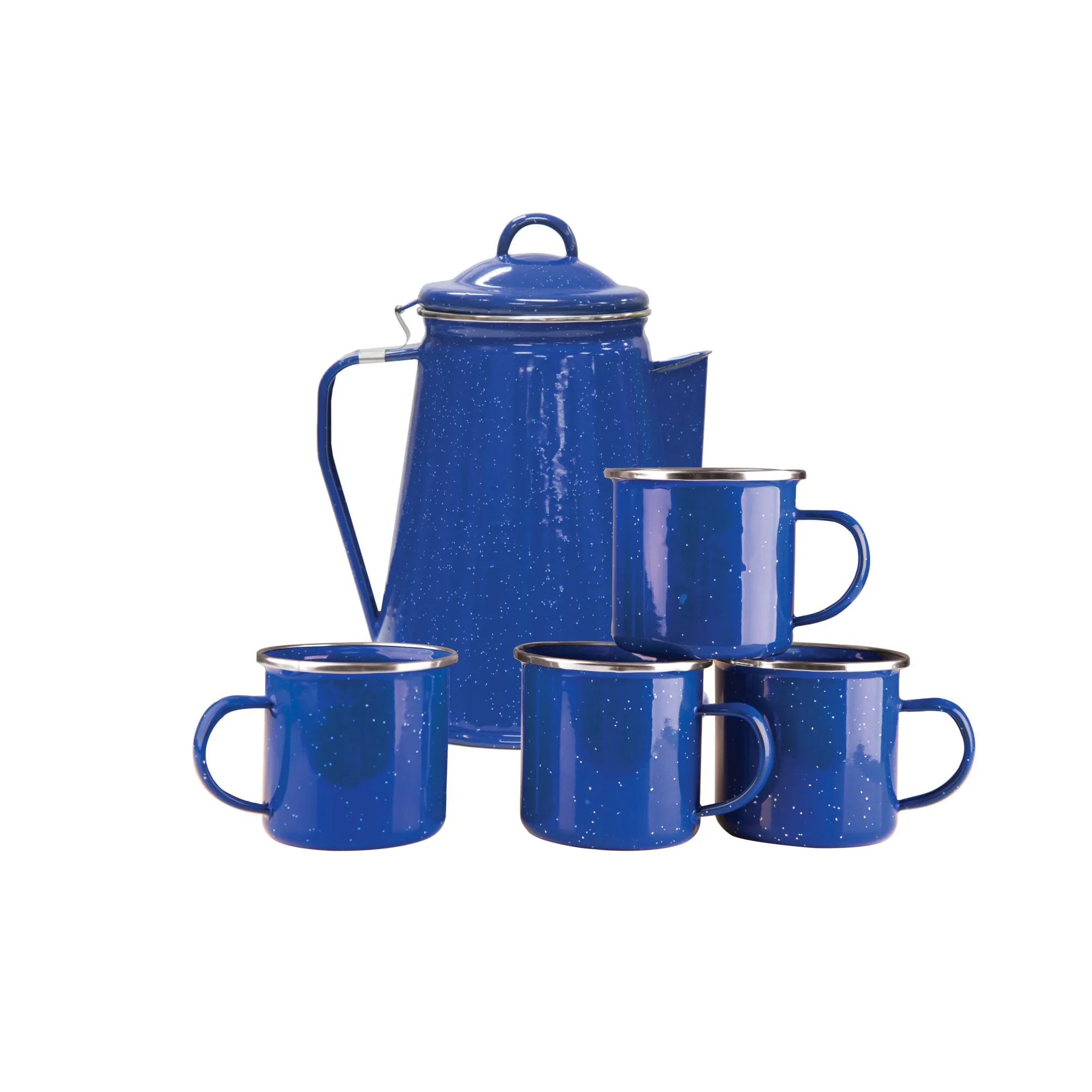 Enamel Percolator Coffee Pot with Four Matching Mugs in Blue Finish
Enamel Percolator Coffee Pot with Four Matching Mugs in Blue Finish