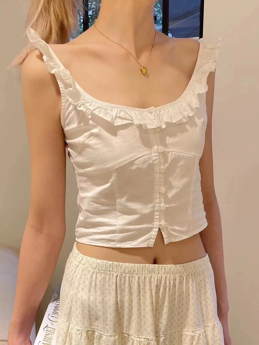 Женский хлопковый укороченный топ на пуговицах, белый винтажный топ с коротким рукавом и круглым вырезом в стиле преппи, милый Приталенный топ с оборками, Y2K, на лето 
Женский хлопковый укороченный топ на пуговицах, белый винтажный топ с коротким рукавом и круглым вырезом в стиле преппи, милый Приталенный топ с оборками, Y2K, на лето