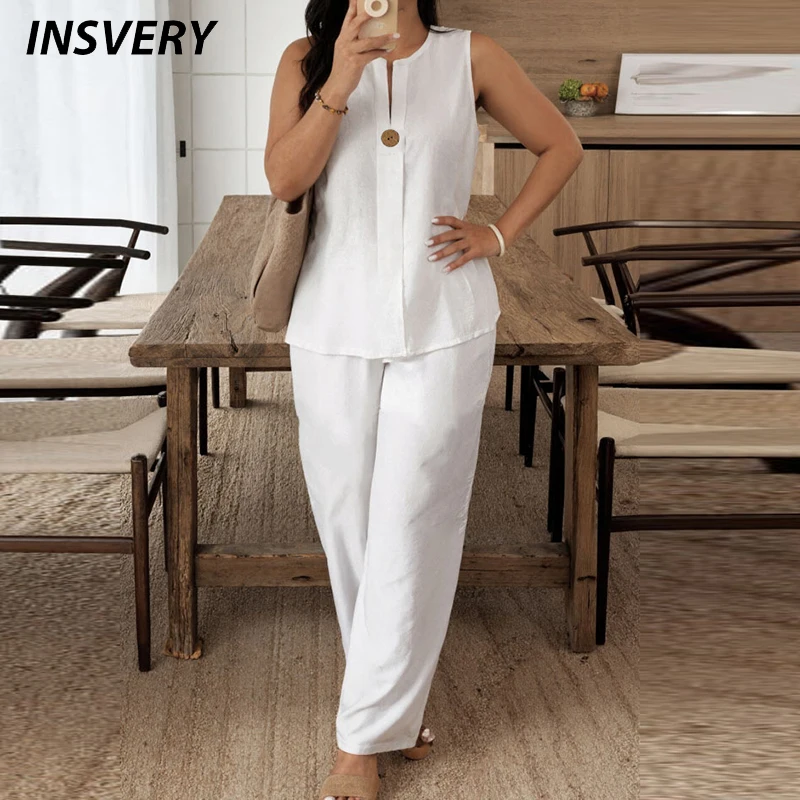 Summer O Neck Button Vest Shirt Wide Leg Pants Suit Women Casual Two Piece Set Solid Color Comfortable Holiday Outfits White
Summer O Neck Button Vest Shirt Wide Leg Pants Suit Women Casual Two Piece Set Solid Color Comfortable Holiday Outfits White