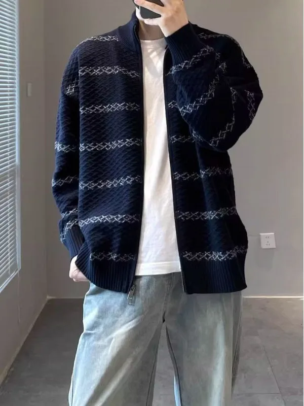 Ox Blue Striped Open Cardigan Knitwear Men's Sle Autumn Faion Loose Fit Collar up Knitted Outerwear for Men
Ox Blue Striped Open Cardigan Knitwear Men's Sle Autumn Faion Loose Fit Collar up Knitted Outerwear for Men