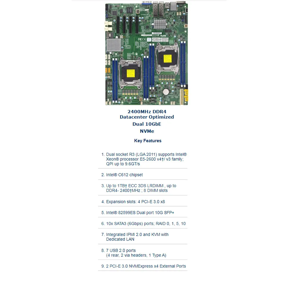 Two-way Server E-ATX Motherboard LGA 2011 C612 Xeon E5-2600 v3/v4 Family DDR4 PCI-E 3.0 X10DRD-iNTP
Two-way Server E-ATX Motherboard LGA 2011 C612 Xeon E5-2600 v3/v4 Family DDR4 PCI-E 3.0 X10DRD-iNTP